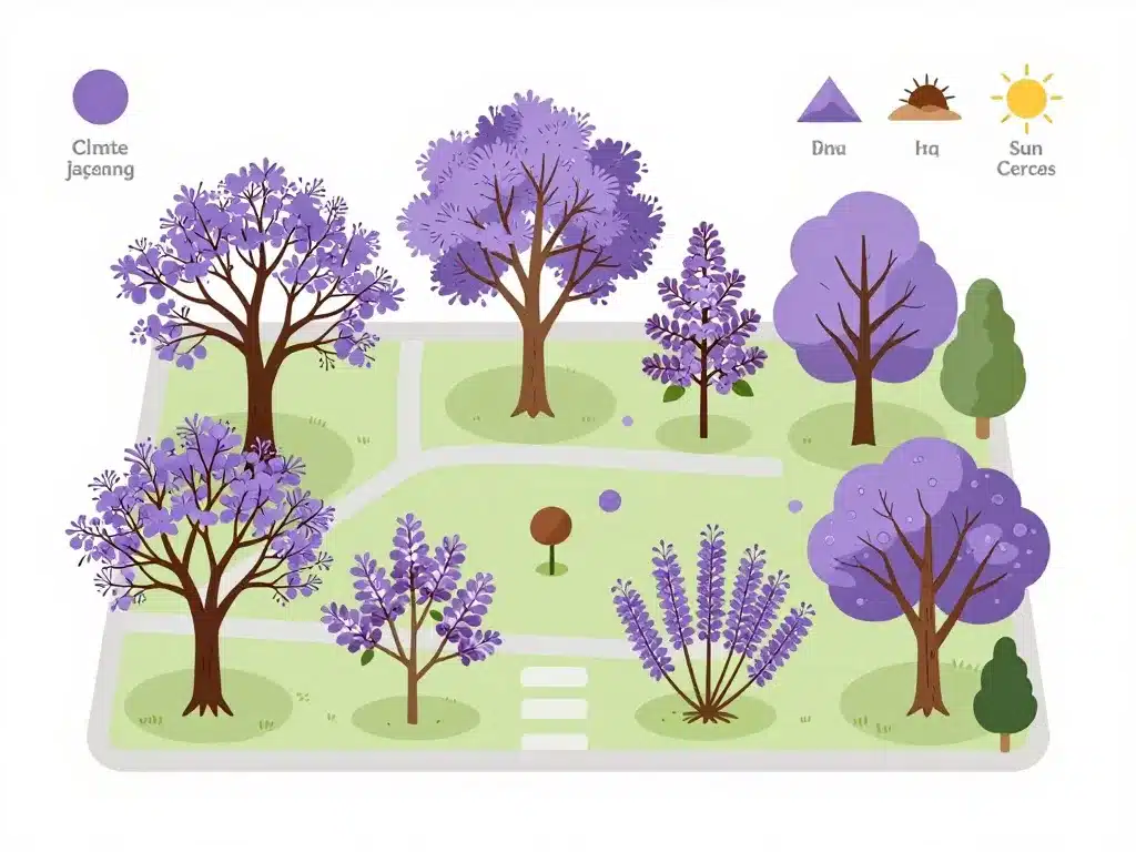 Schéma conceptuel choix arbres à fleurs violettes selon jardin