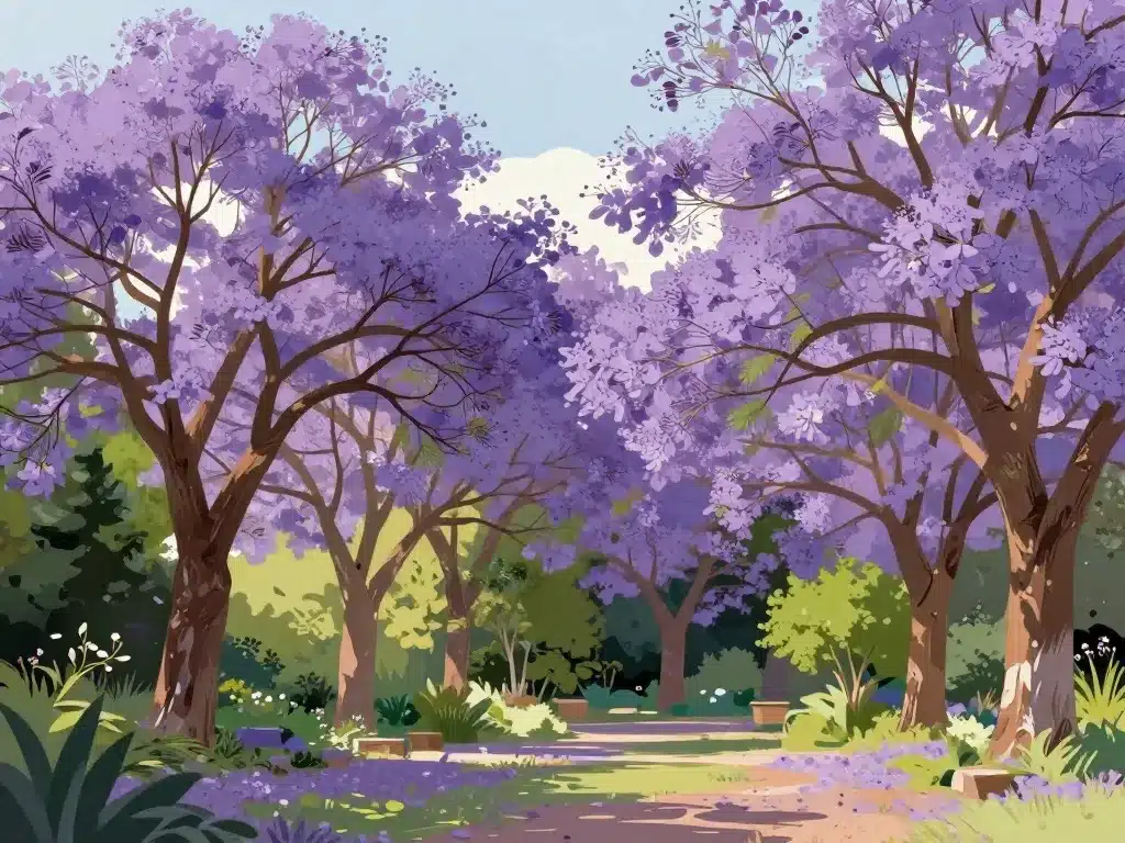 Scène de jardin spectaculaire avec arbres à fleurs violettes en pleine floraison