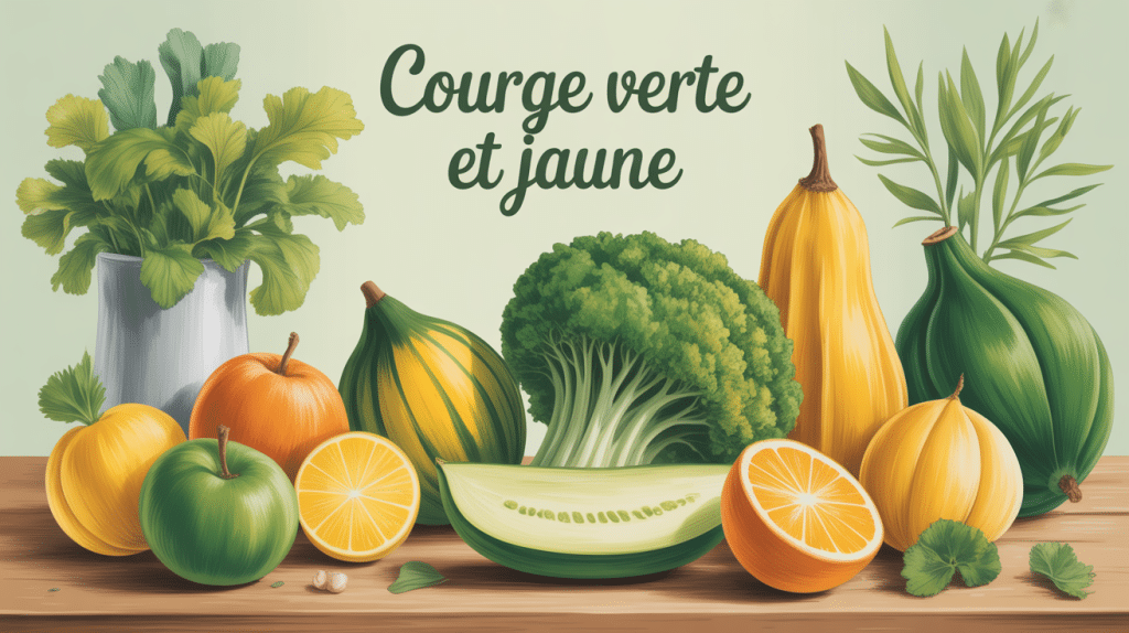 courge verte et jaune différentes sur une table de marché