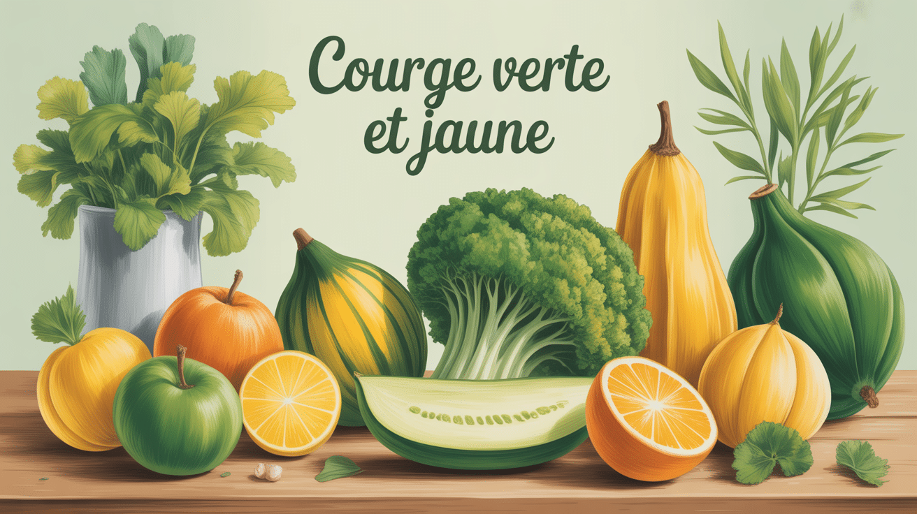 courge verte et jaune différentes sur une table de marché