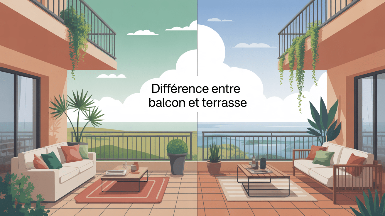 Différence entre balcon et terrasse en illustration stylisée