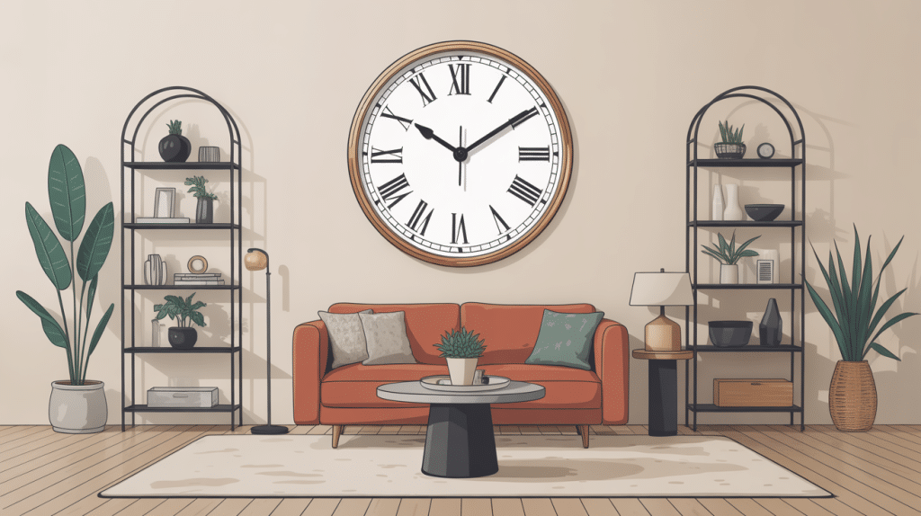 horloge rectangulaire design au centre d’un salon contemporain