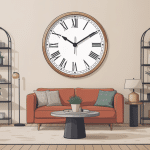 horloge rectangulaire design au centre d’un salon contemporain