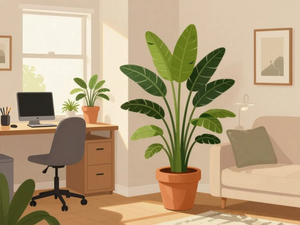 scène maison avec peperomia sur bureau et pilea en salon