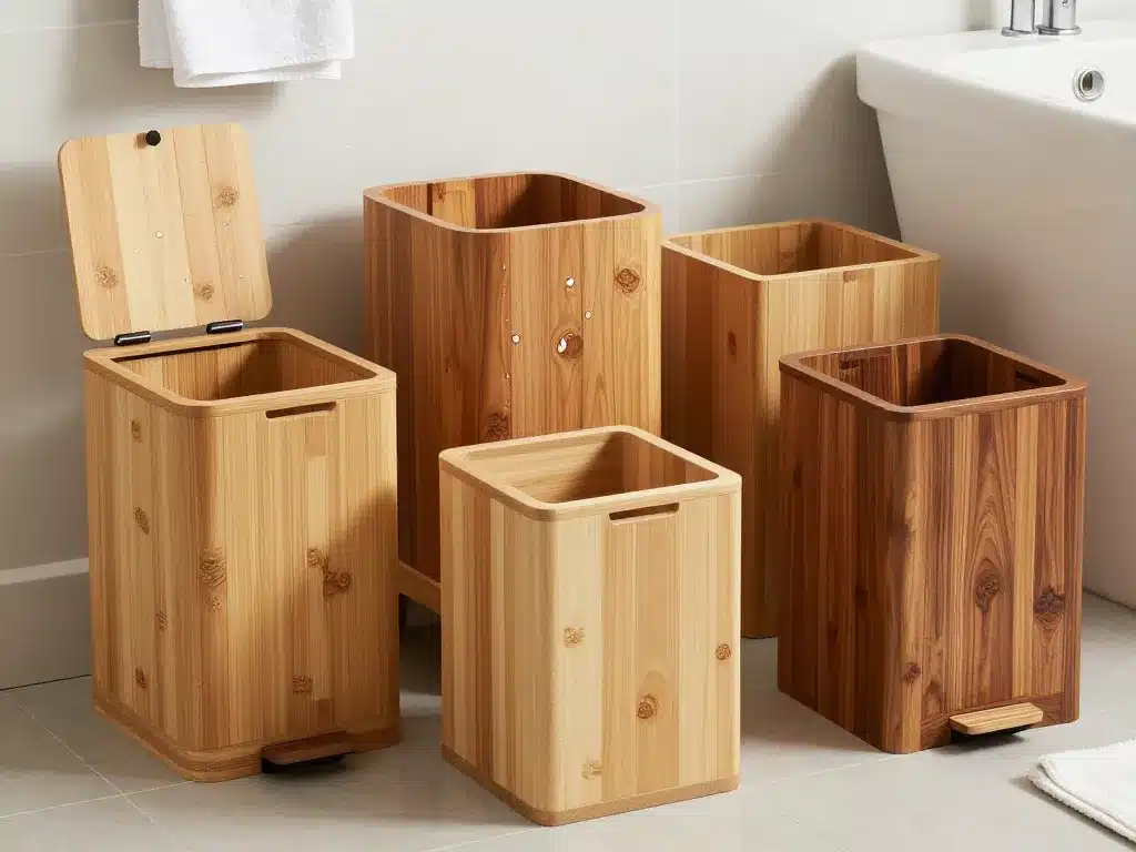 poubelle de salle de bain en bois bambou teck pedal et couvercle