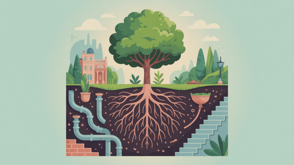 racine figuier avec système racinaire visible dans jardin