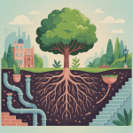 racine figuier avec système racinaire visible dans jardin