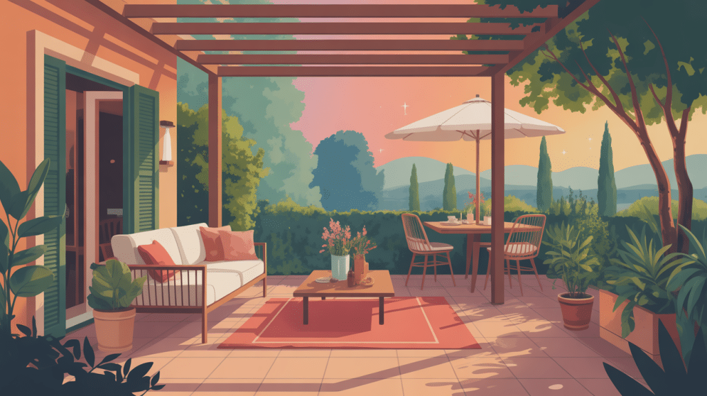 terrasse d'été chaleureuse avec mobilier et verdure