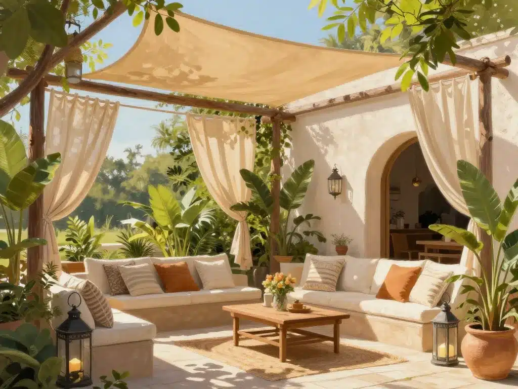 terrasse d'été ombragée avec déco et mobilier confortable