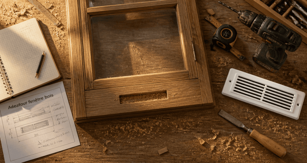 aerateur fenetre bois sur établi avec outils