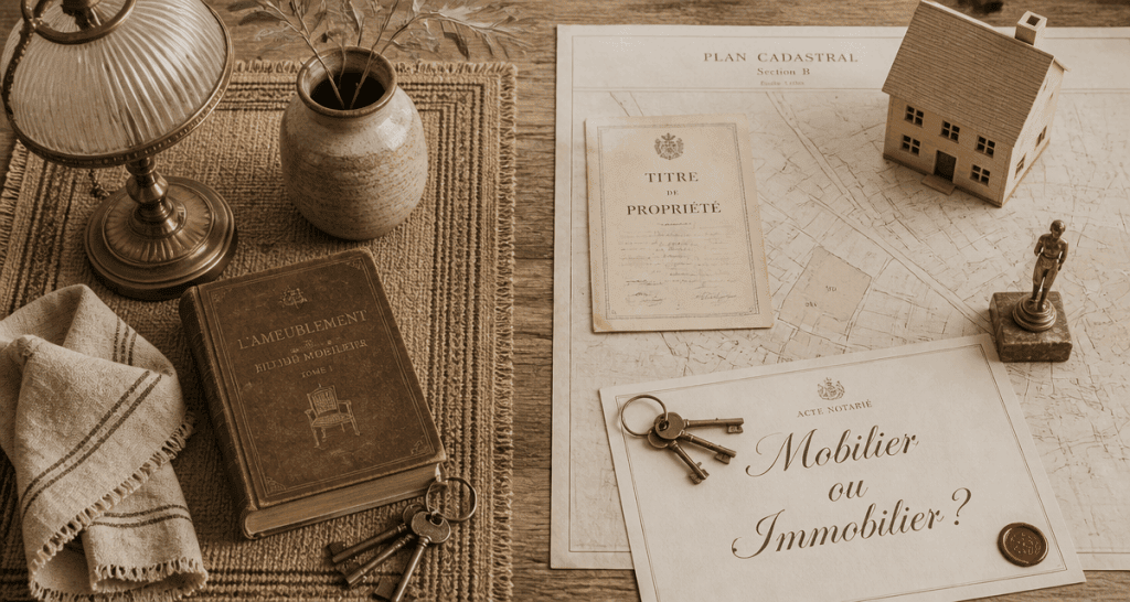 Bien mobilier ou immobilier sur table en bois, objets et miniatures