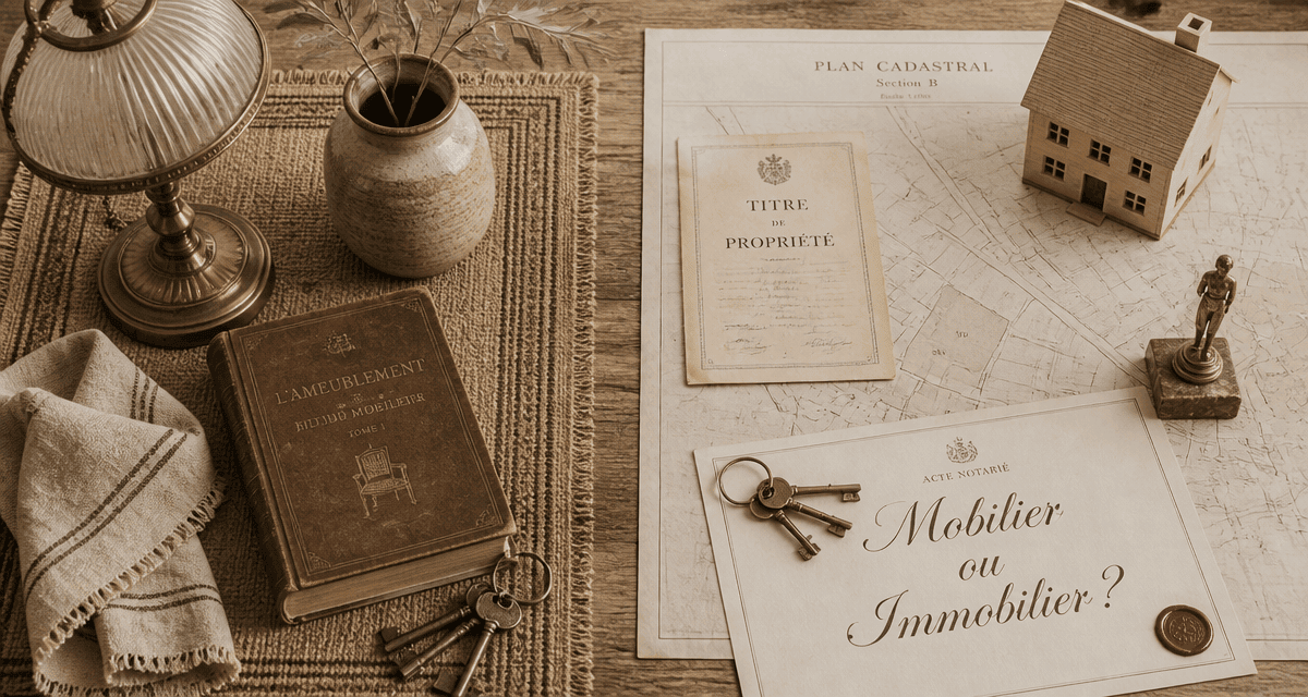 Bien mobilier ou immobilier sur table en bois, objets et miniatures