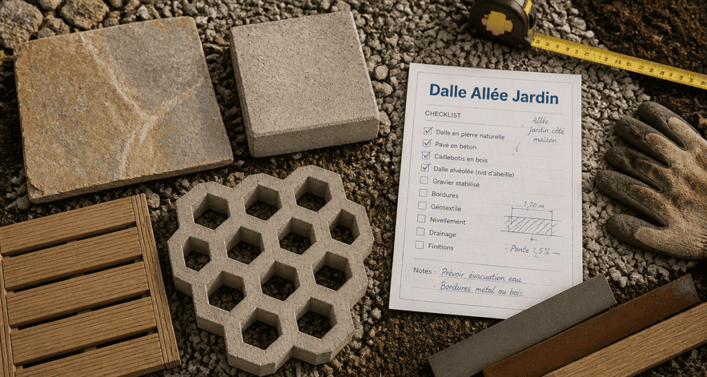 dalle allee de jardin et matériaux sur fond naturel