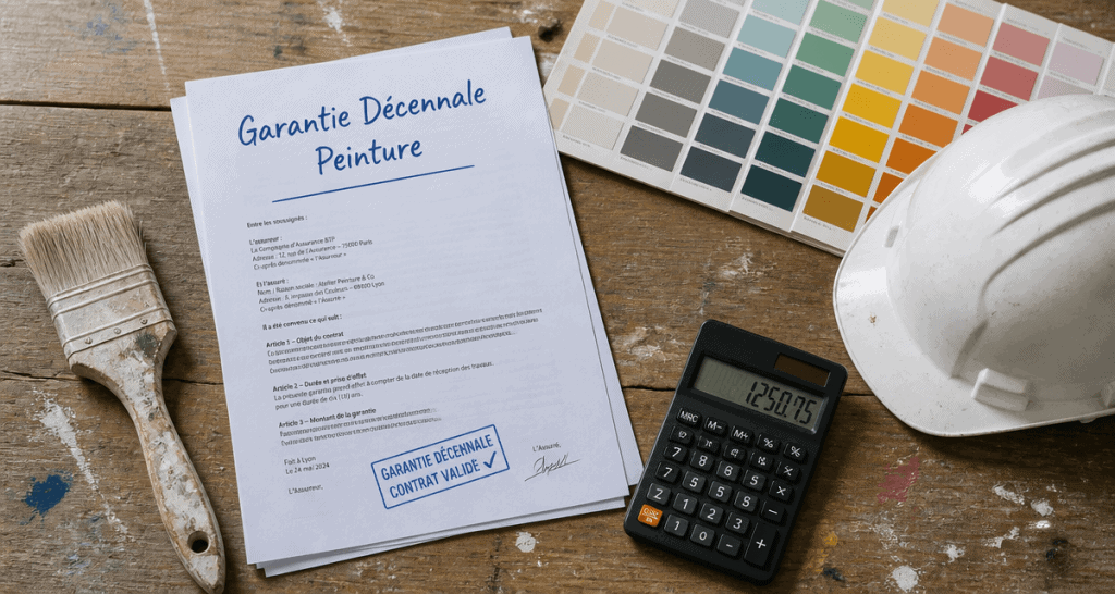 Contrat décennale peinture, outils et nuancier sur bureau