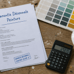 Contrat décennale peinture, outils et nuancier sur bureau