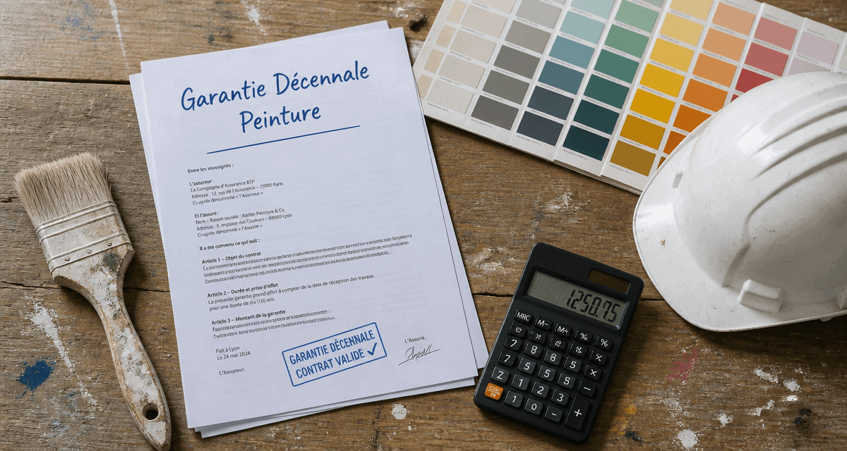 Contrat décennale peinture, outils et nuancier sur bureau