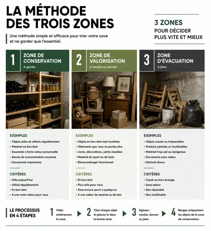 Infographie de la méthode des trois zones pour réussir son débarras de cave