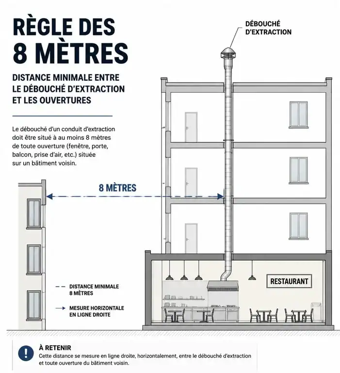 Schéma technique d'installation d'extraction d'air de restaurant en copropriété respectant la règle des 8 mètres