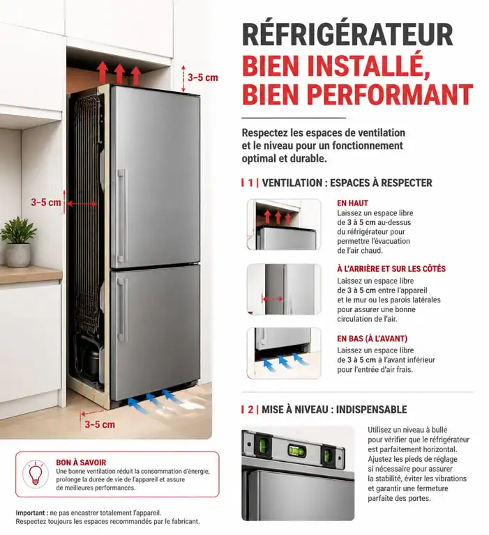 Schéma technique d'installation frigo avec distances de ventilation et mise à niveau