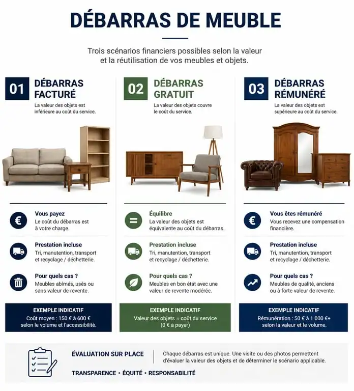 Infographie des trois formules tarifaires pour le débarras de meuble : facturé, gratuit ou rémunéré.