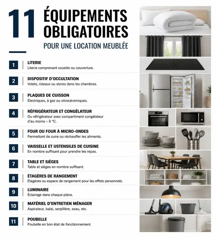 Liste des 11 équipements obligatoires pour location meublée conforme à la loi ALUR