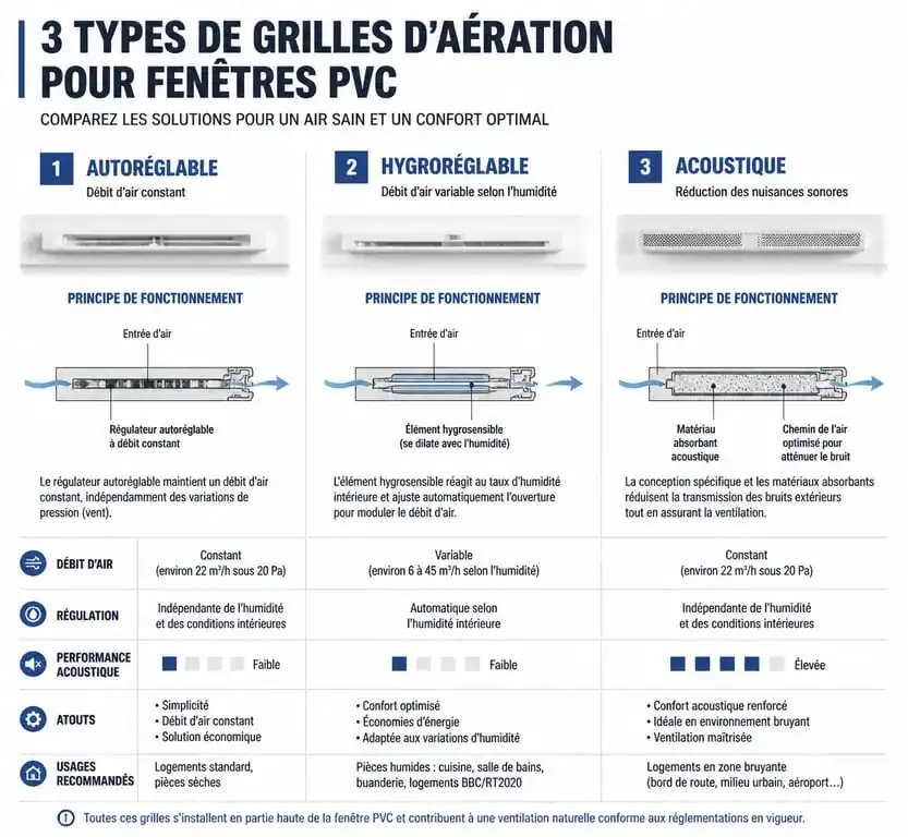 Comparatif des types de grilles d'aération pour fenêtre PVC : autoréglable, hygroréglable et acoustique