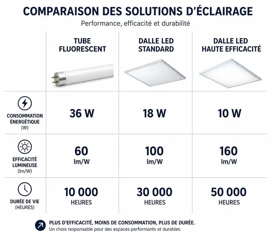 Comparatif des performances énergétiques entre tube fluorescent et dalles LED pour faux plafond