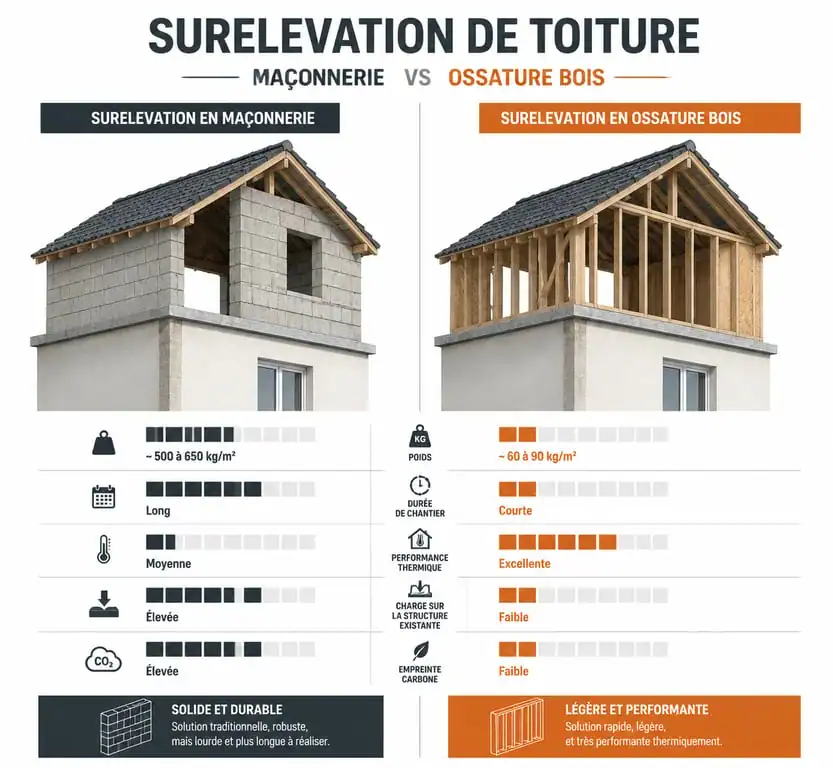 Comparatif technique entre rehaussement de toiture en maçonnerie et ossature bois