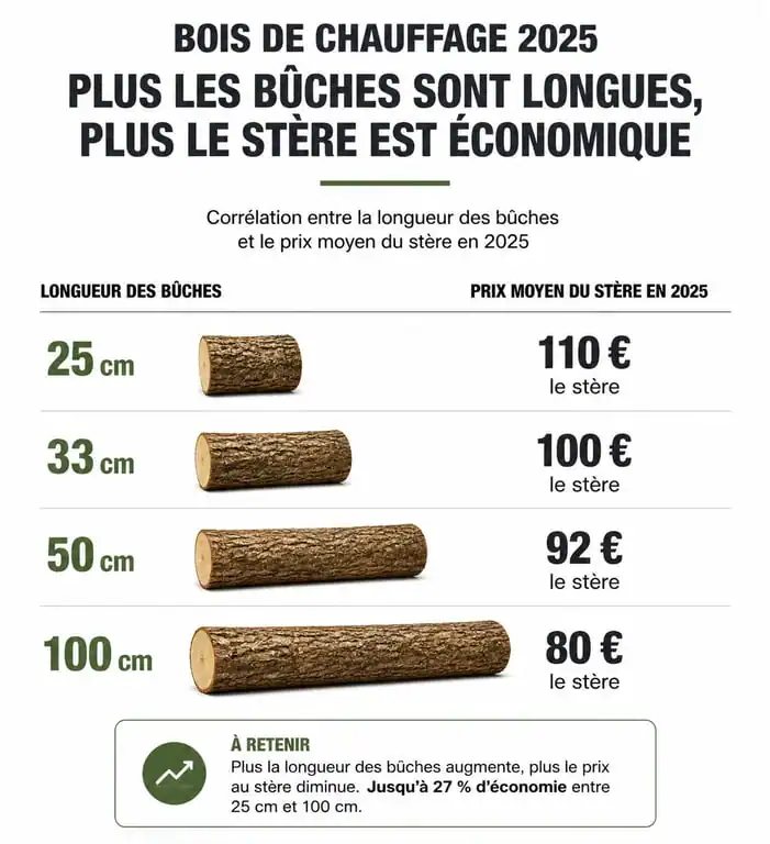 Infographie montrant l'évolution du prix du stère de bois 2025 selon la longueur des bûches