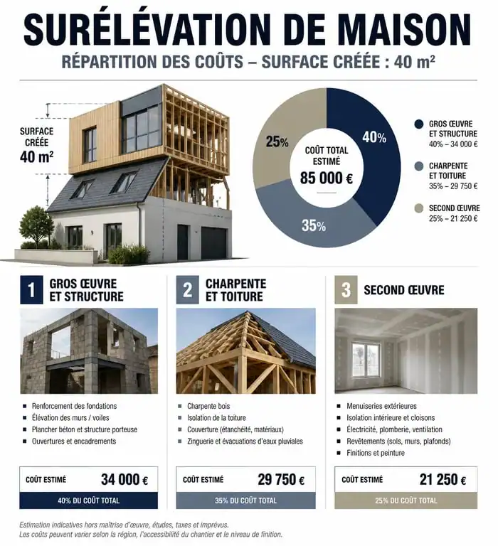 Répartition des coûts pour une surélévation de maison de 40m2 : gros œuvre, charpente et finitions