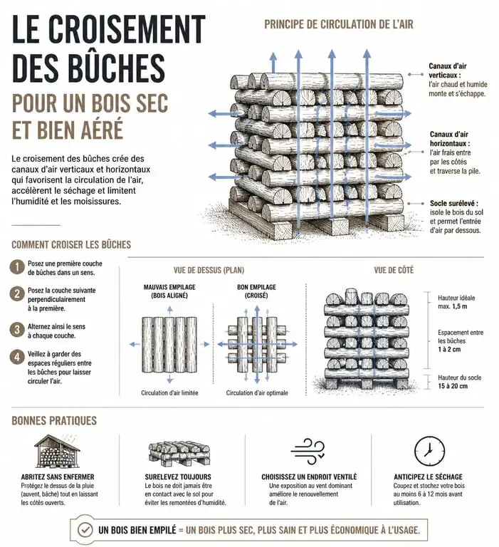 Infographie illustrant la technique de croisement des bûches pour un rangement efficace du bois de chauffage