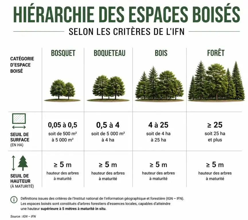 Infographie comparative des espaces boisés : différence entre bois et forêt selon les critères de l'IFN