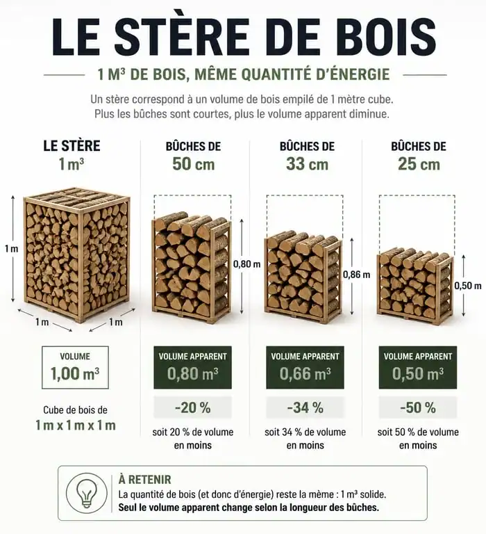 Infographie explicative du prix d un stere de bois en 1metre et conversion des volumes