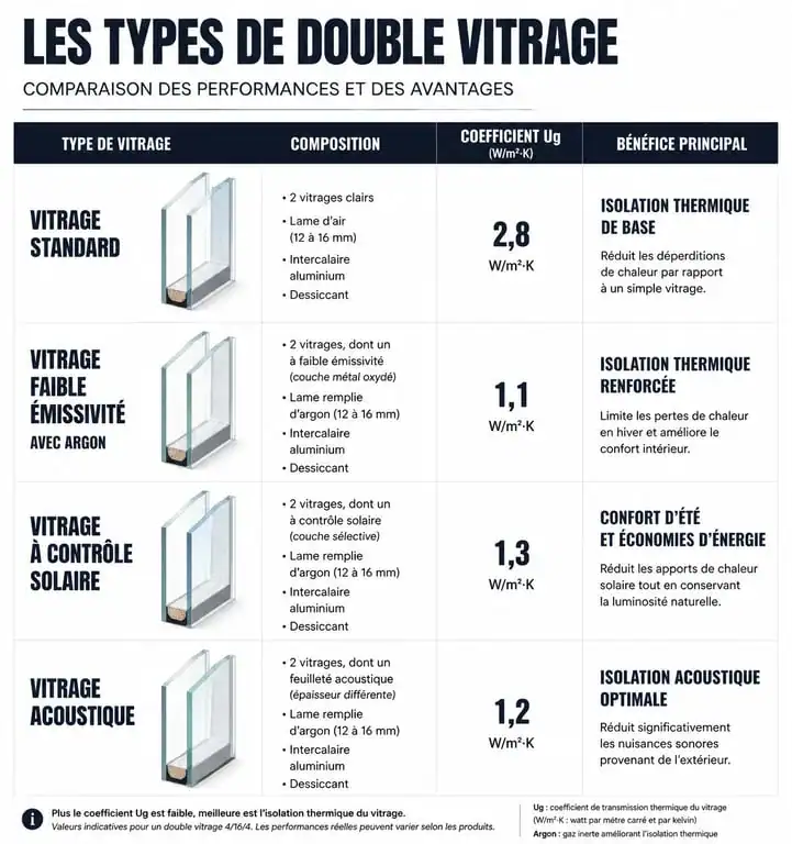 Tableau comparatif des performances des différents types de double vitrage pour changer un double vitrage
