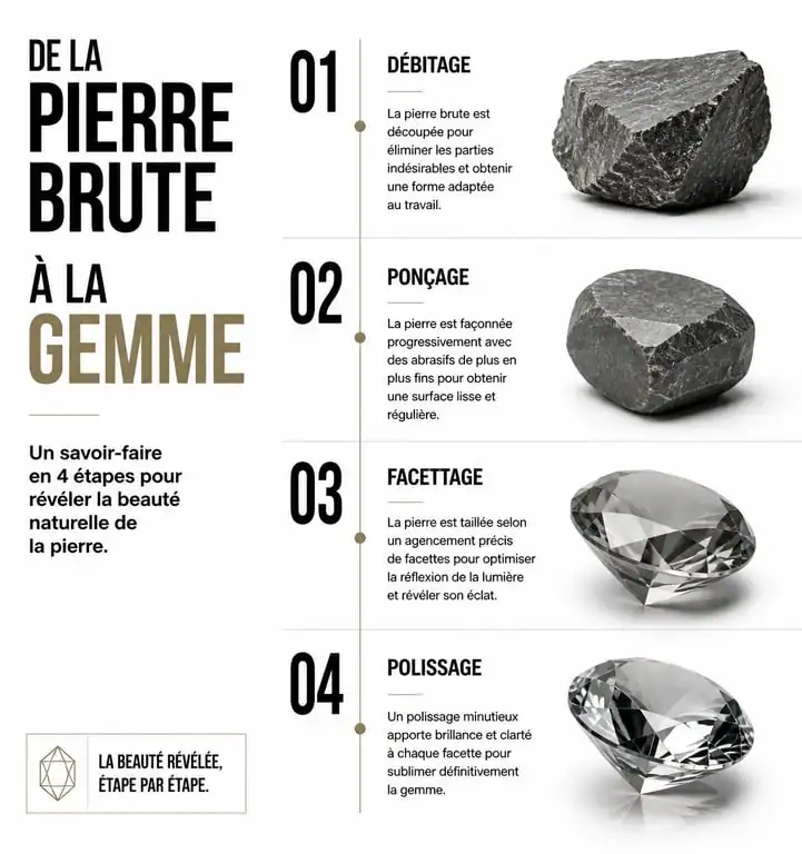 Processus de transformation d'une pierre brute en gemme avec outillage lapidaire