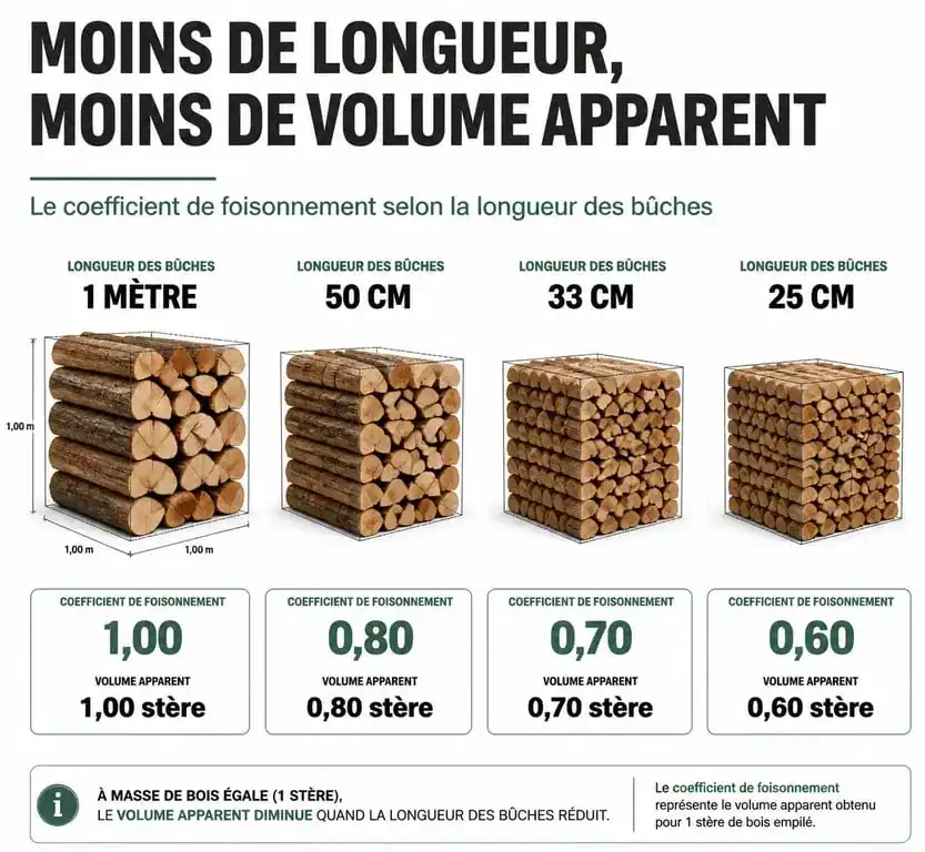 Infographie expliquant la conversion du stère de bois en m3 selon la longueur des bûches pour le prix du bois de chauffage