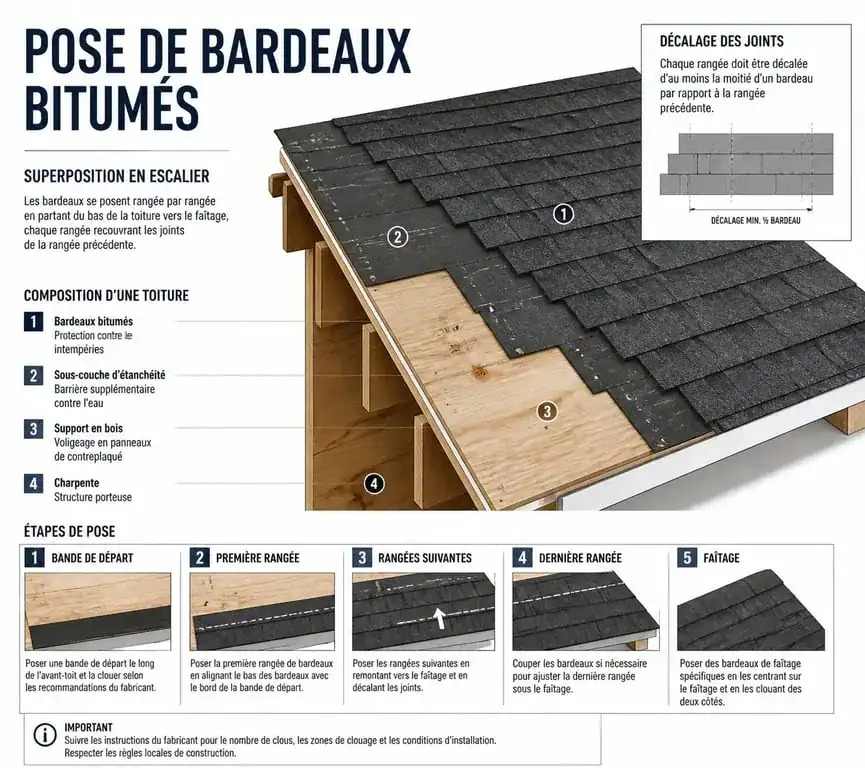 Schéma explicatif de la pose de bardeau bitumé sur une toiture en bois