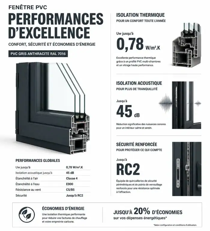 Infographie des performances techniques d'une fenêtre gris anthracite PVC