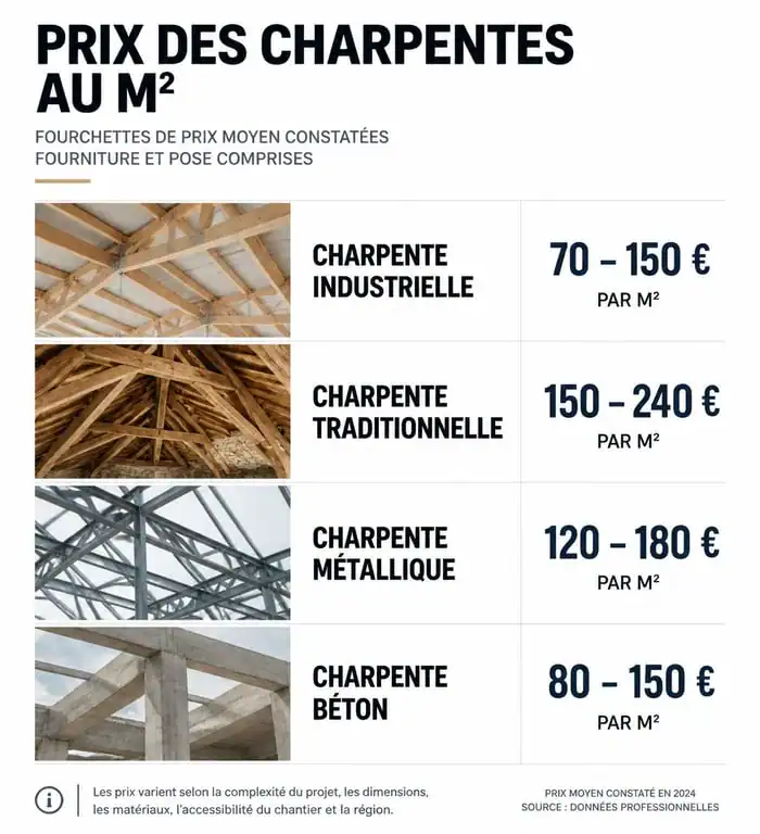 Infographie comparative des prix au m2 par type de charpente pour un projet de construction ou rénovation.