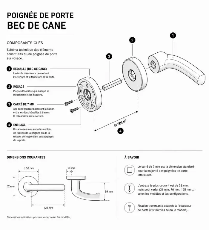 Schéma technique des composants d'une poignée bec de cane pour porte intérieure