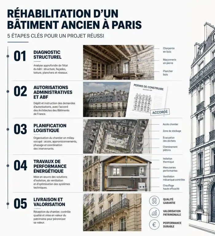 Étapes clés de la réhabilitation de bâtiments anciens à Paris