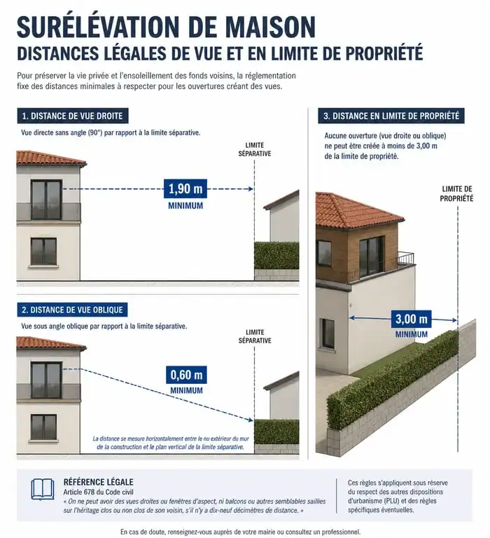Schéma des distances légales pour une surélévation de maison et voisinage