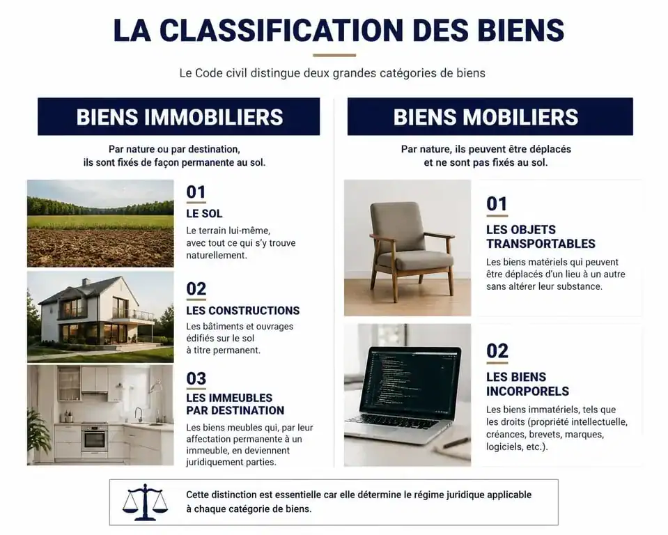 Infographie comparative : distinction entre bien mobilier et bien immobilier