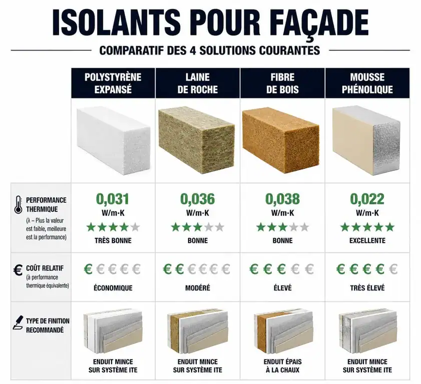 Infographie comparative des matériaux pour le ravalement avec ITE