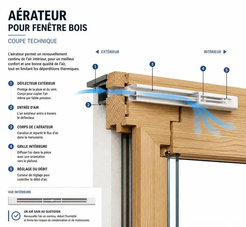Schéma technique d'installation d'un aérateur de fenêtre bois