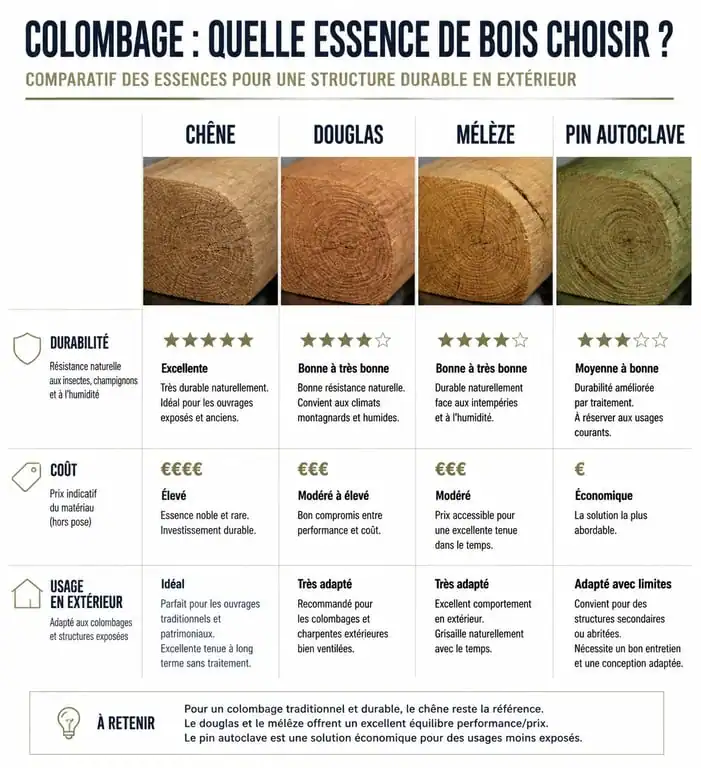 Infographie comparative des essences de bois pour achat bois pour colombage