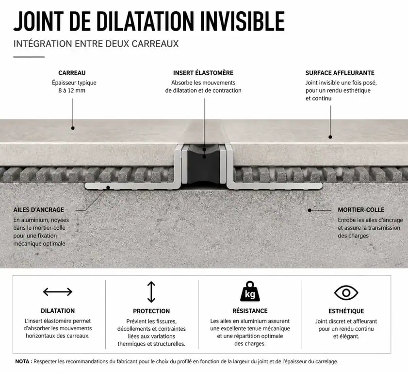 Schéma technique d'un joint de dilatation carrelage invisible en coupe
