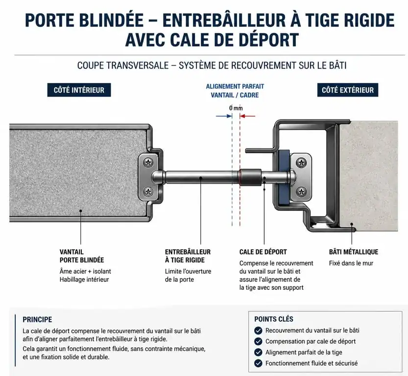 Schéma d'installation d'un entrebâilleur sur porte blindée avec recouvrement