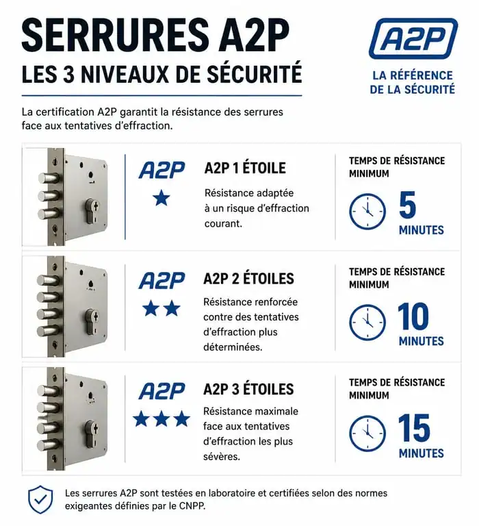 Infographie des niveaux de certification A2P pour serrure de porte blindée