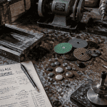 Lapidaire outillage sur établi avec outils et pierres